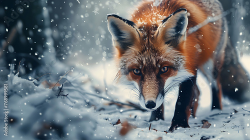 A cunning fox hunting for prey in the snowy woods photo