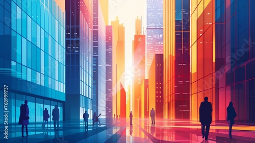 a group of people walking down a street next to tall buildings in a city at sunset