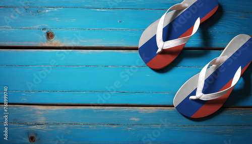 Pair of beach sandals with flag Russia. Slippers for summer sea vacation. Concept travel and vacation in Russia.