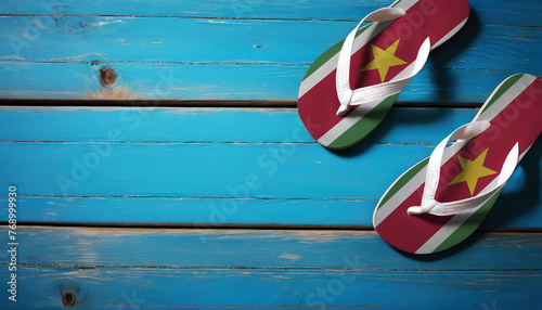 Pair of beach sandals with flag Suriname. Slippers for summer sea vacation. Concept travel and vacation in Suriname.