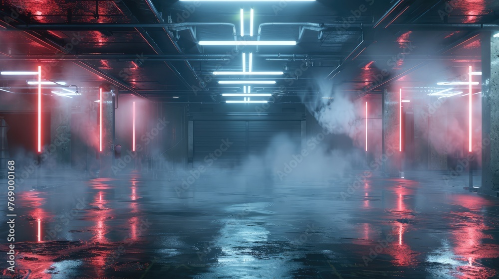 Empty cold wet futuristic garage with mist and ambient lights