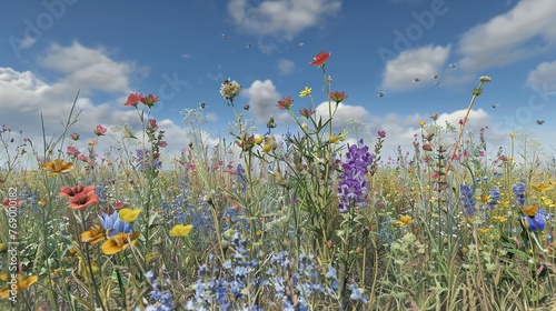 a lush wildflower meadow, with a variety of vibrant and detailed flowers under a clear blue sky