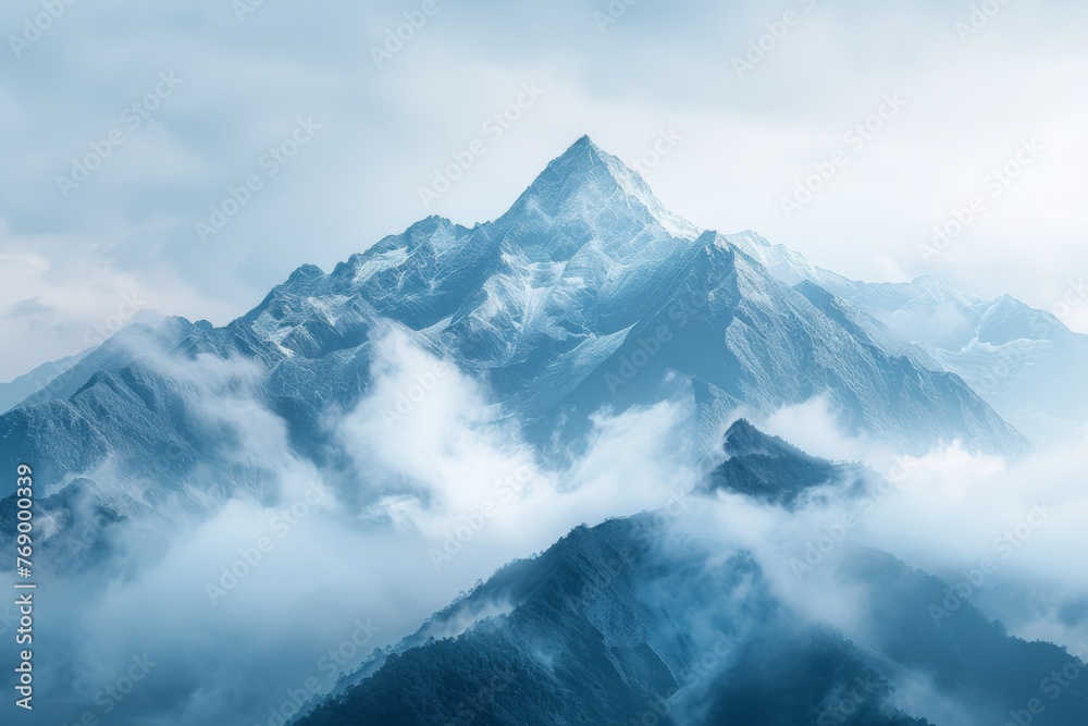 Snowcovered mountain under cloudy sky with cumulus clouds on a cold day