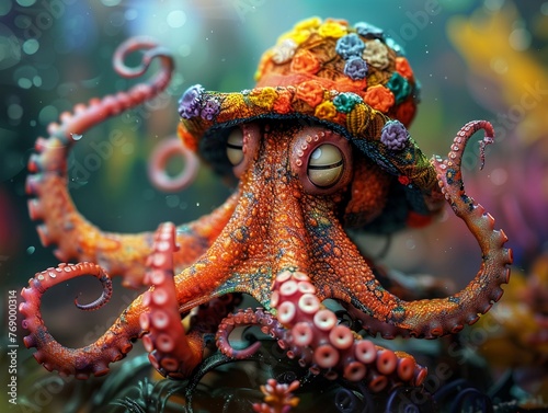 Beneath the sea, a delightful octopus sporting a colorful hat adds a splash of whimsy to the underwater world, captivating all who encounter it