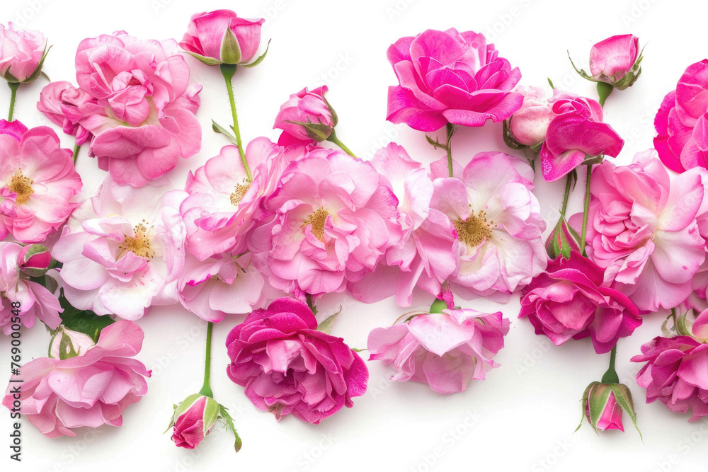 Assorted pink rose flowers border on a white background
