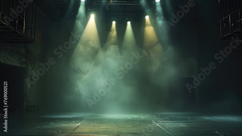 Empty stage lit by spotlights with atmospheric haze © AM
