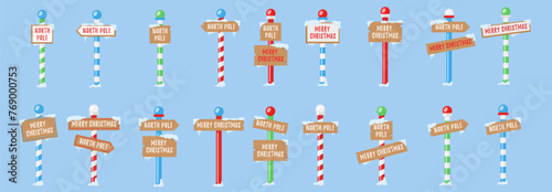 Set of wooden street signs in the snow, winter pointers in flat style. Cute collection of North Pole signs or Christmas. Winter holiday xmas symbol, cartoon banner. Vector illustration, 
