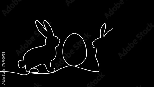 2D animated continuous single line drawing of easter two bunnies with decorated egg, 4k doodle line art animation white with black background.