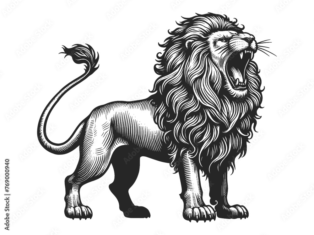 roaring lion animal sketch engraving generative ai fictional character vector illustration. Scratch board imitation. Black and white image. - obrazy, fototapety, plakaty 