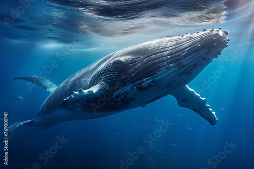 Humpback whale gliding through deep blue ocean, rays of light filtering from above