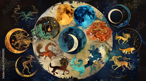 a painting of a zodiac sign with animals in it's center