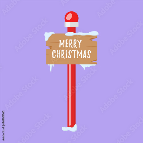 Set of wooden street signs in the snow, winter pointers in flat style. Cute collection of North Pole signs or Christmas. Winter holiday xmas symbol, cartoon banner. Vector illustration, 