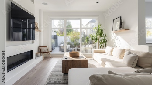 A bright and airy modern living room with stylish staircase, hardwood floors, and contemporary furniture, bathed in natural sunlight. Bright and airy Scandinavian living room. Resplendent.
