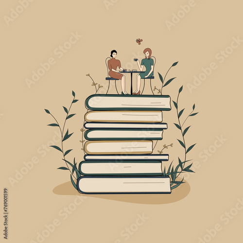 Concept: book is source of knowledge.A tiny woman with friend sitting on stack of books and reading books.Volumes with plants as symbol of education.For library or bookstore.Hand-drawn raster