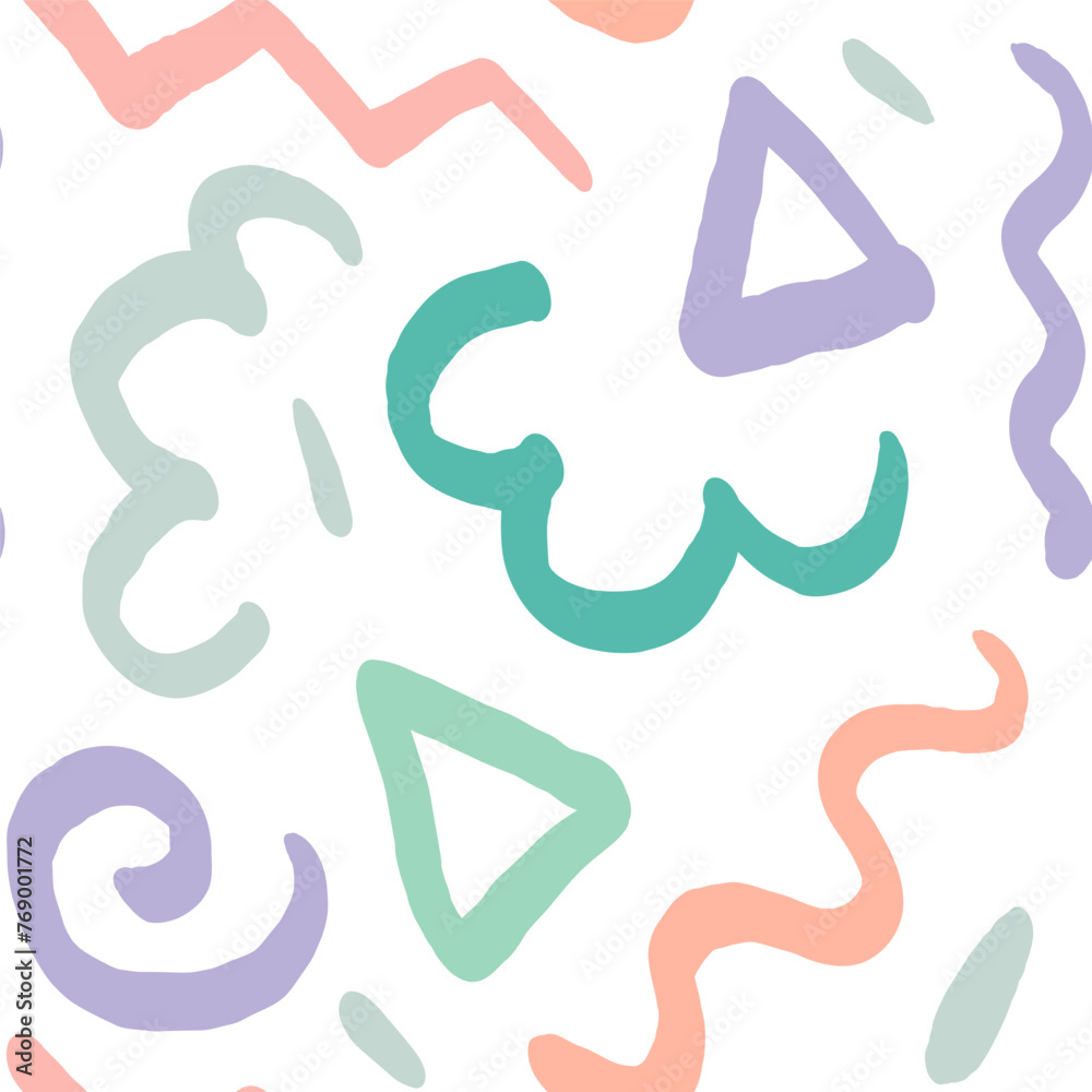 vector hand drawn doodle seamless pattern with cute squiggles, triangles and stripes. Creative minimalist style art background for children or trendy design with basic shapes. vector hand drawn doodle seamless pattern with cute squiggles, triangles and stripes. Creative minimalist style art background for children or trendy design with basic shapes.