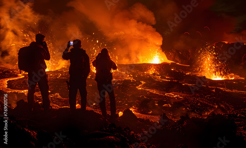 3 silhouettes de personnes photographiant une éruption volcanique de nuit