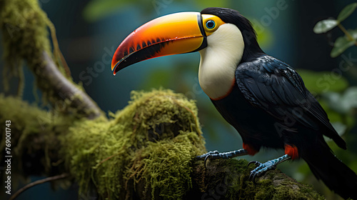 A vivid image capturing the beauty of a toucan with its iconic beak perched gracefully on a moss-covered branch in a natural environment © mandu77