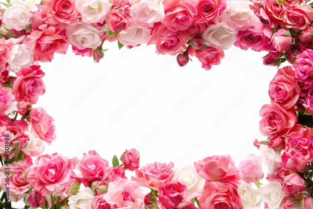 A decorative frame border composed of beautiful flower roses on a white background
