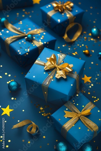 Blue gift boxes with a gold bow, gold stars and shiny confetti on a blue background. Christmas banner