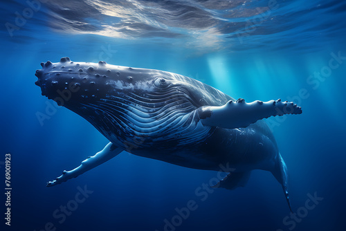 Humpback whale gliding through deep blue ocean, rays of light filtering from above © Breyenaiimages