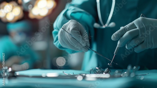 Surgeon preparing instruments for laparoscopic surgery photo