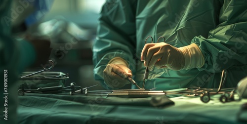Surgeon preparing instruments for laparoscopic surgery photo