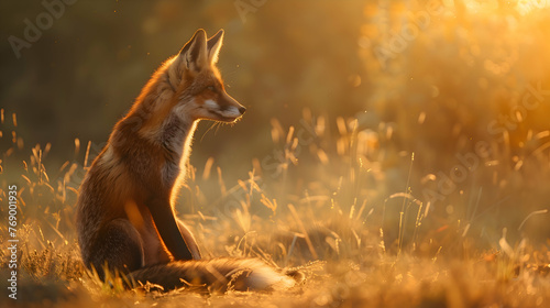 A diurnal red fox hunting in the golden sunlight photo