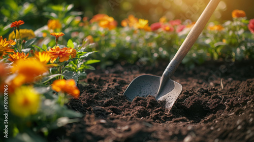 shovel inserted into rich soil in a garden, with vibrant marigold flowers and other plants bathed in sunlight, suggesting gardening activities.