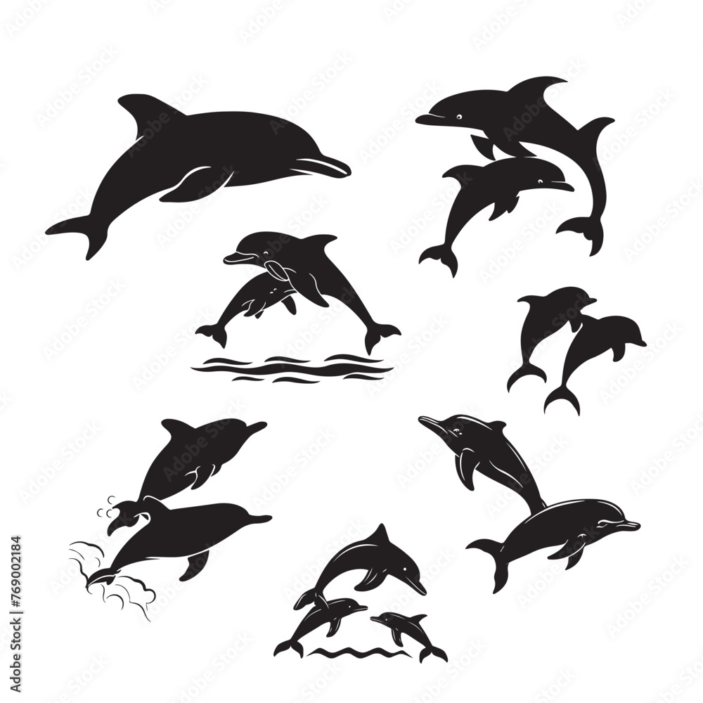Obraz premium Vector Playing Dolphin silhouette Set