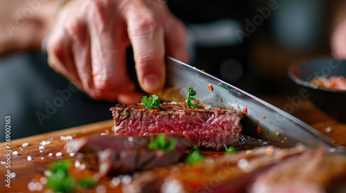 Meat steak slicing in chef's hands