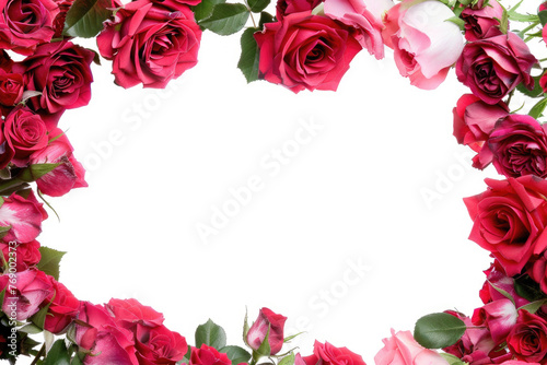 A decorative frame border composed of beautiful flower roses on a white background