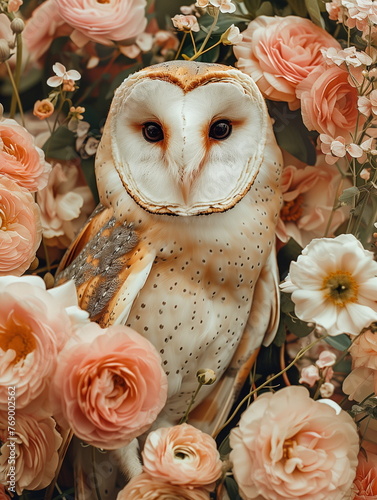 Photography of a fine art of owl surrounded by flowers overlain in shades of Peach Fuzz