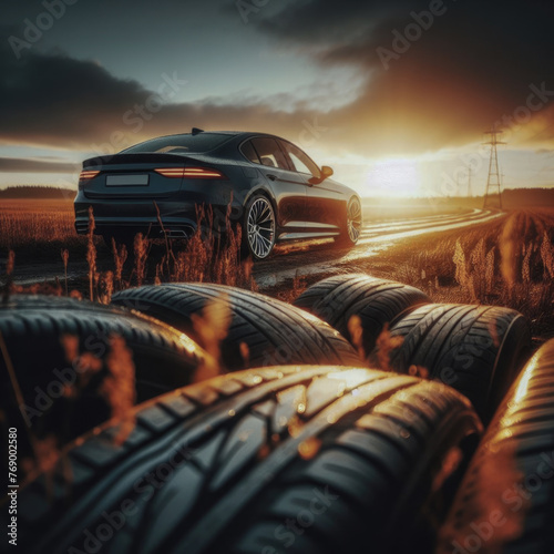 Car against the background of tires, at sunset. 