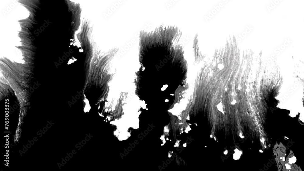 Black ink artistic flow splatter spots spills from bottom white paper beautiful reveal dripping streaks spread fluid ink alpha matte isolated watercolor ink drops transition	