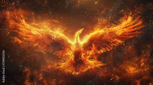 Mythical Fire bird phoenix with wings spread out