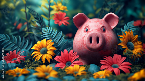 Piggy bank on a colorful background, saving money for investment concept. Wealth and well being.