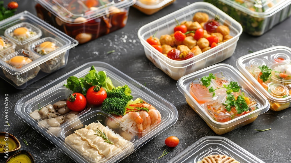 Open and closed plastic disposable container ready for takeaway