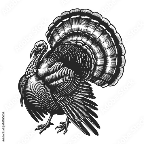 turkey farm bird in a vintage style sketch engraving generative ai vector illustration. Scratch board imitation. Black and white image.