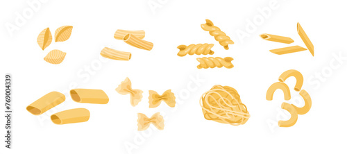 Pasta types. Pasta collection. Flat style isolated on white background. Carbohydrate diet. Nutrient complex diet vector illustration. Traditional Italian Food for Menu, shop, packaging.