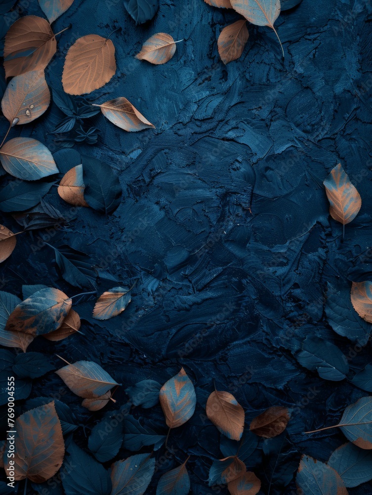 Group of leaves floating peacefully on top of a blue surface on a sunny day