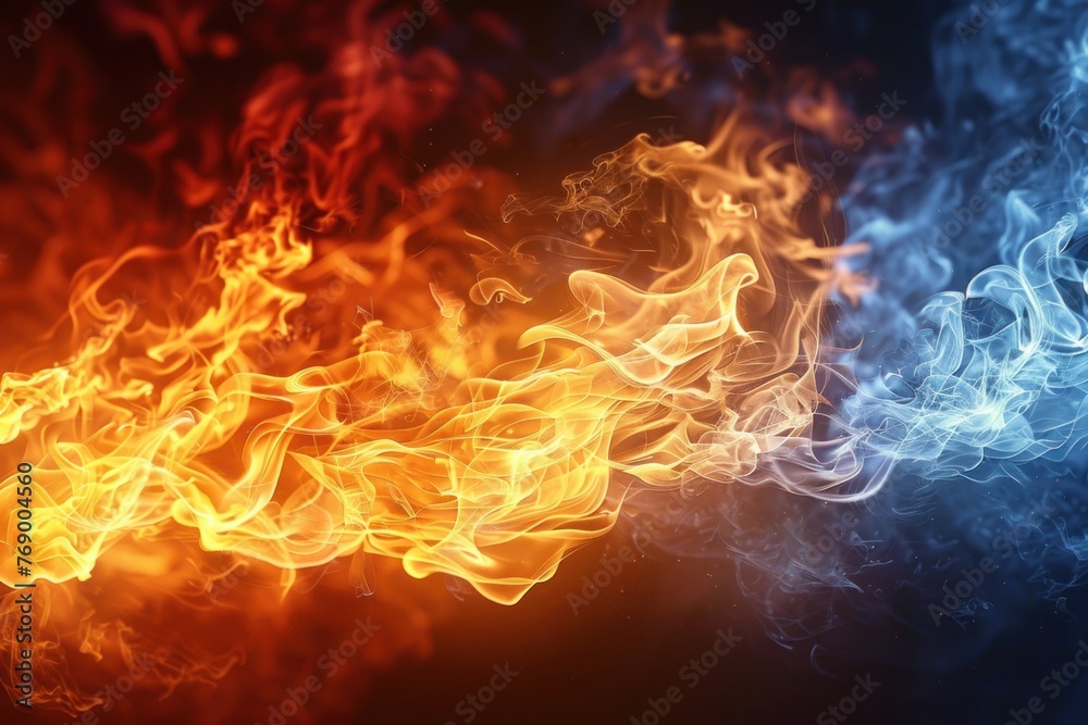 Two different colored fire flames burning brightly against a black backdrop