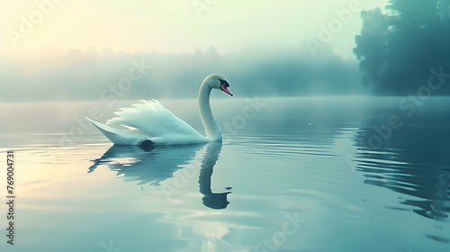 A graceful swan gliding across a tranquil lake