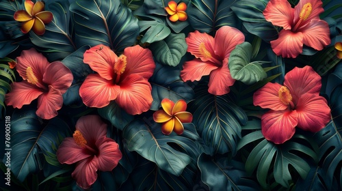 A lush tropical foliage pattern, featuring exotic flowers, dense jungle leaves, reflecting the untouched natural beauty created with Generative AI Technology © Sentoriak