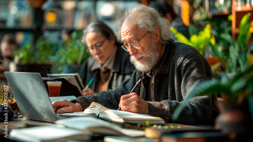 An elderly man with a full beard is intently focused on a laptop at a café table, with notebooks and a pen at hand, exemplifying dedication to continuous education.