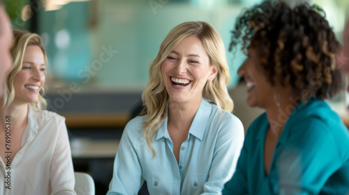 A woman is laughing joyfully during a meeting with colleagues.