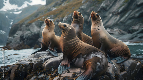 A group of playful sea lions basking on a rocky shore © Muhammad