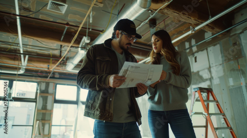 A man and woman are examining a blueprint in an unfinished building.