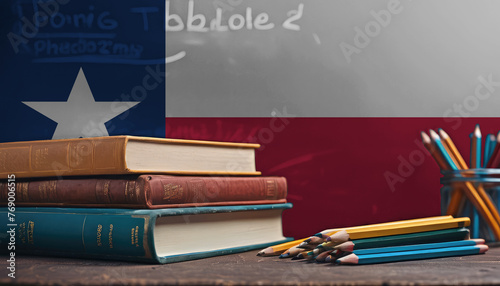 Books with pencils on the background of the Texas flag. Concept of school education, higher education, training courses. photo