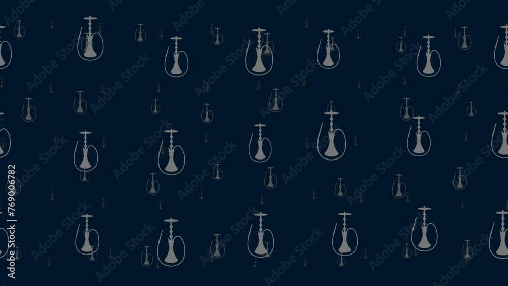 Hookah symbols float horizontally from left to right. Parallax fly effect. Floating symbols are located randomly. Seamless looped 4k animation on dark blue background
