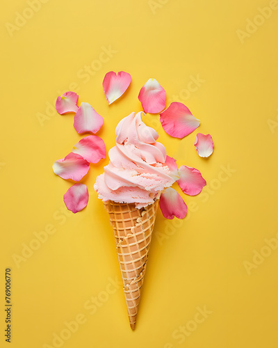 Strawberry ice cream framed with petals, yellow background, summer color palette.